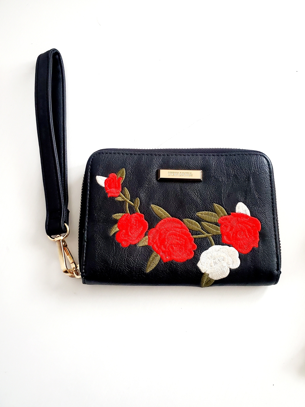 Black Floral Embroidered Wristlet Clutch with Red & White Accents